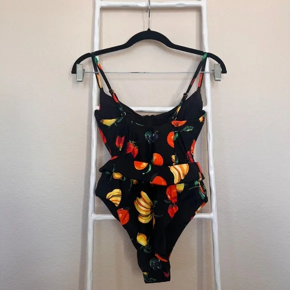 WeWoreWhat Black Fruit Print One Piece Swimsuit Medium Belt Rhinestone Buckle - Picture 4 of 7